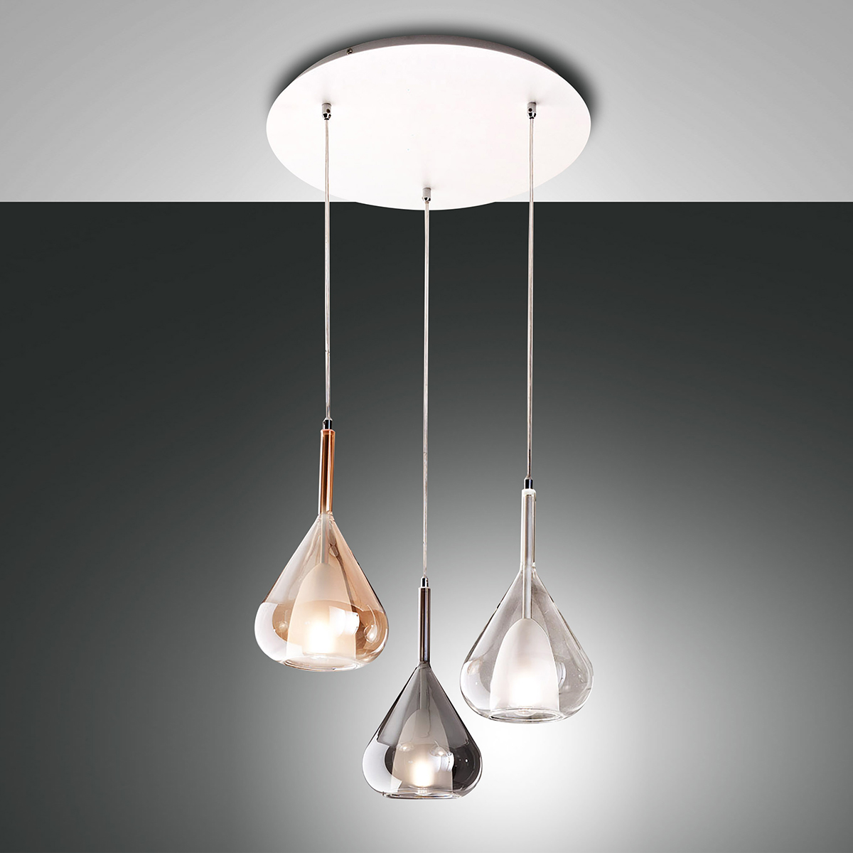 Fabas Luce Lila Pendelleuchte, 3-flg., mit Rondelltransparent / amber / grau