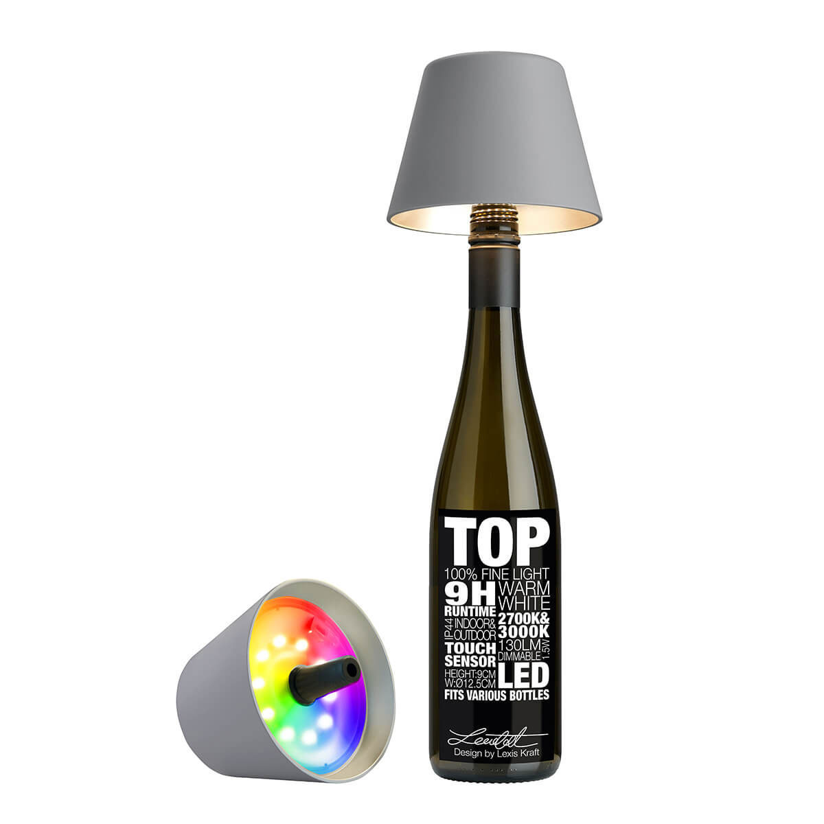 Sompex Top 2.0 RGB LED Akkuleuchte & Flaschenaufsatzgrau