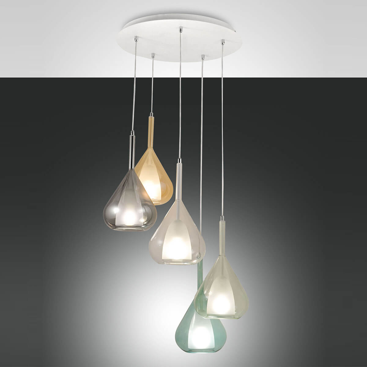 Fabas Luce Lila Pendelleuchte, 5-flg., mit Rondelltransparent, amber, grau transparent, grün, blau