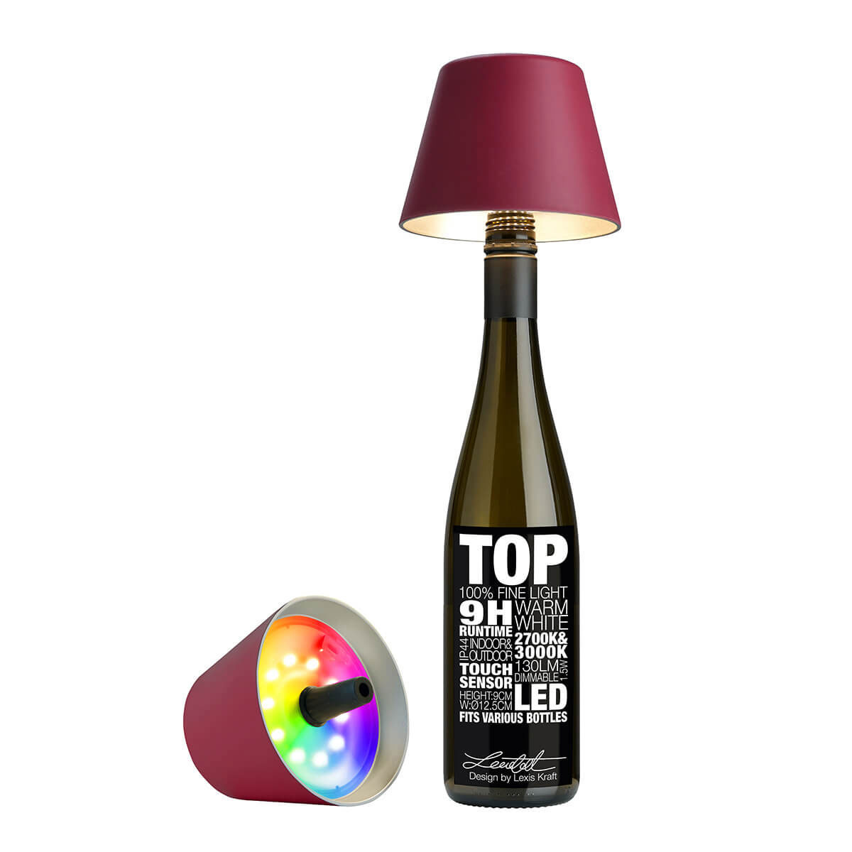 Sompex Top 2.0 RGB LED Akkuleuchte & Flaschenaufsatzbordeaux